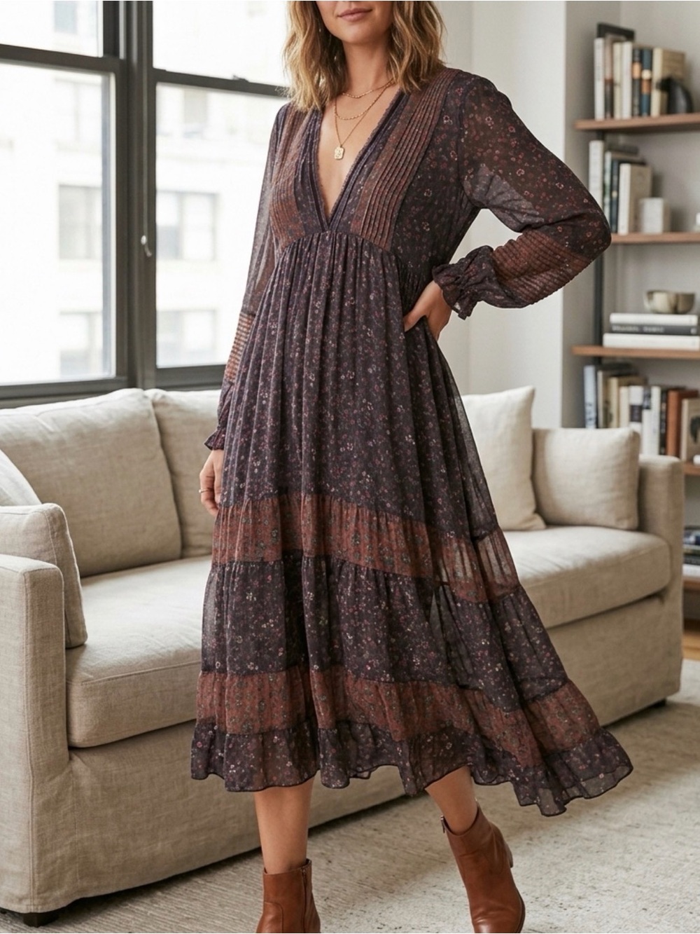 Free People floral Maxi Dress tiered long sleeve sheer Dark Green black M - Picture 1 of 7